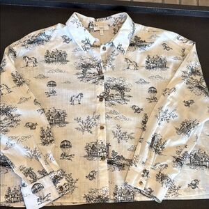 Jake*sWhite and Black Graphic Women’s Cropped button down Shirt size 42/10